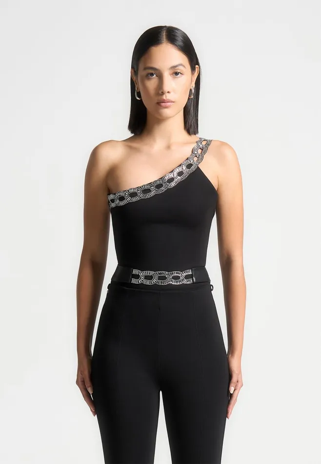 Women Manire De Voir Embellished One Shoulder Bodysuit Black