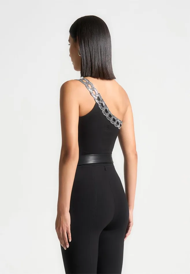 Women Manire De Voir Embellished One Shoulder Bodysuit Black