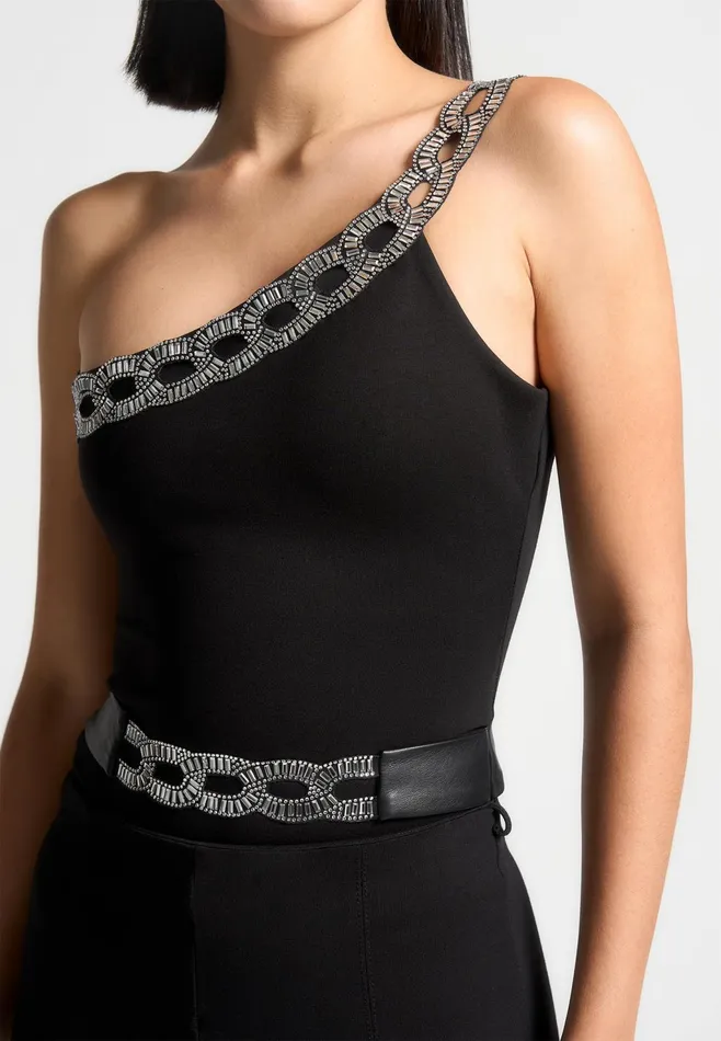 Women Manire De Voir Embellished One Shoulder Bodysuit Black