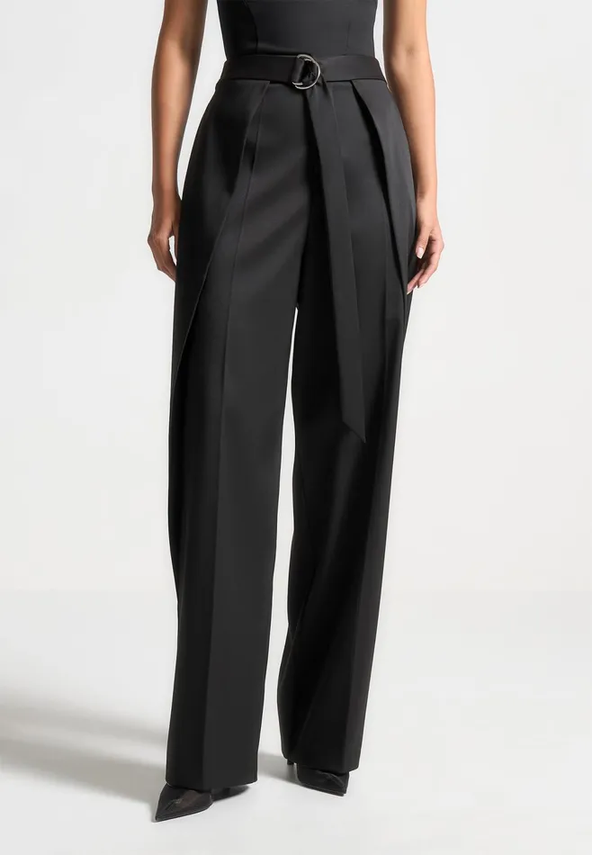 Women Manire De Voir Foldover Sateen Trousers With DRing Belt Black