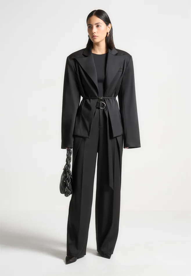 Women Manire De Voir Foldover Sateen Trousers With DRing Belt Black