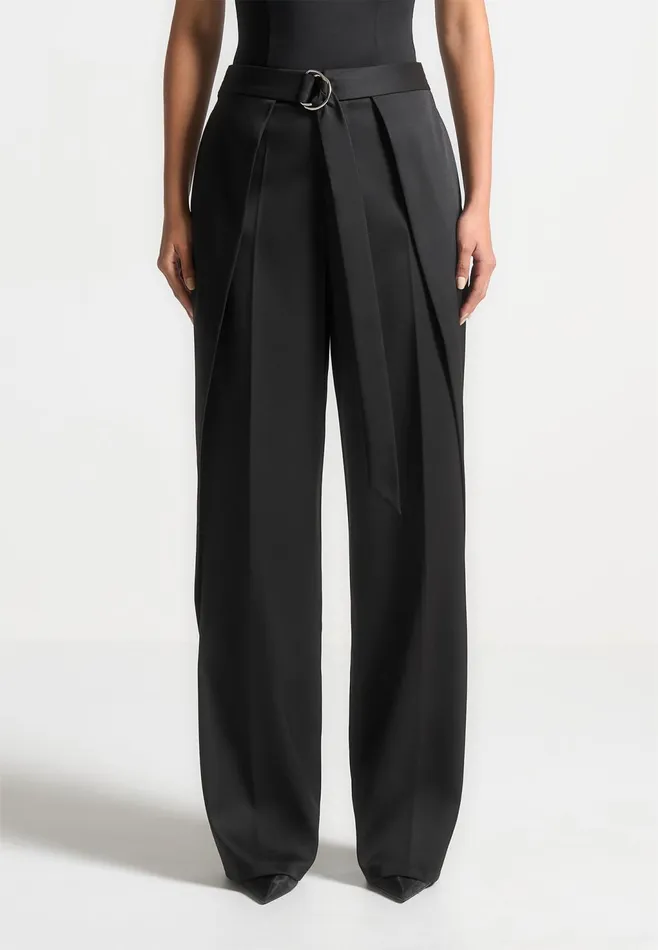 Women Manire De Voir Foldover Sateen Trousers With DRing Belt Black