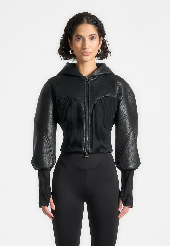 Women Manire De Voir Hooded Pebbled Leather Contour Jacket Black