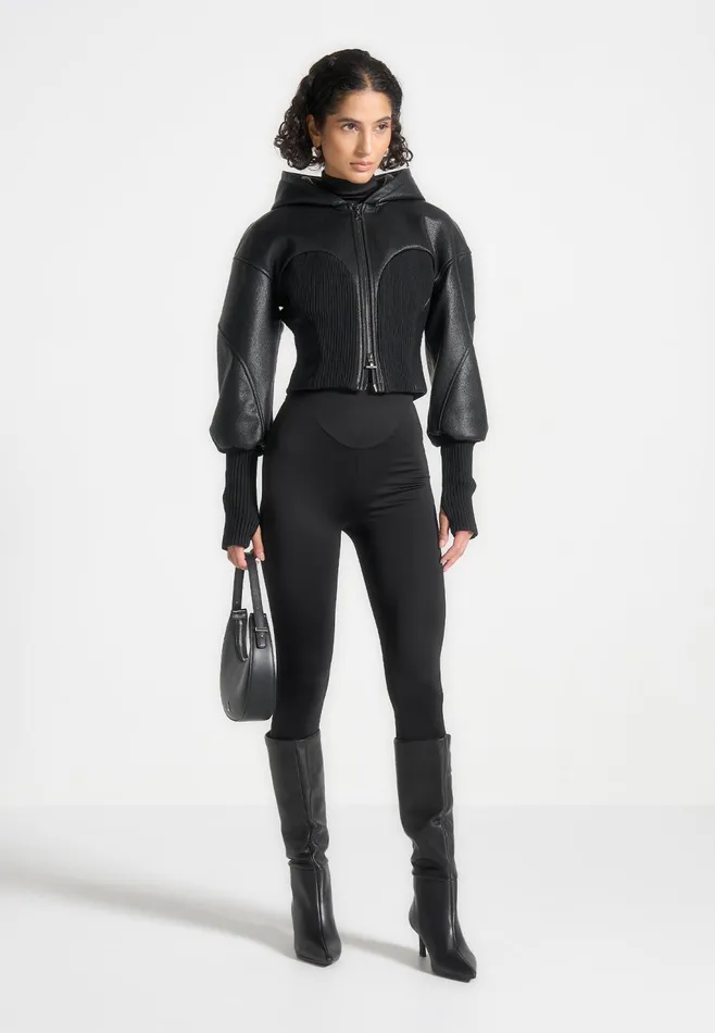 Women Manire De Voir Hooded Pebbled Leather Contour Jacket Black