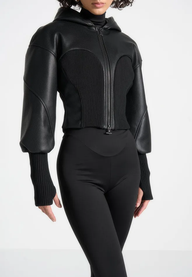 Women Manire De Voir Hooded Pebbled Leather Contour Jacket Black