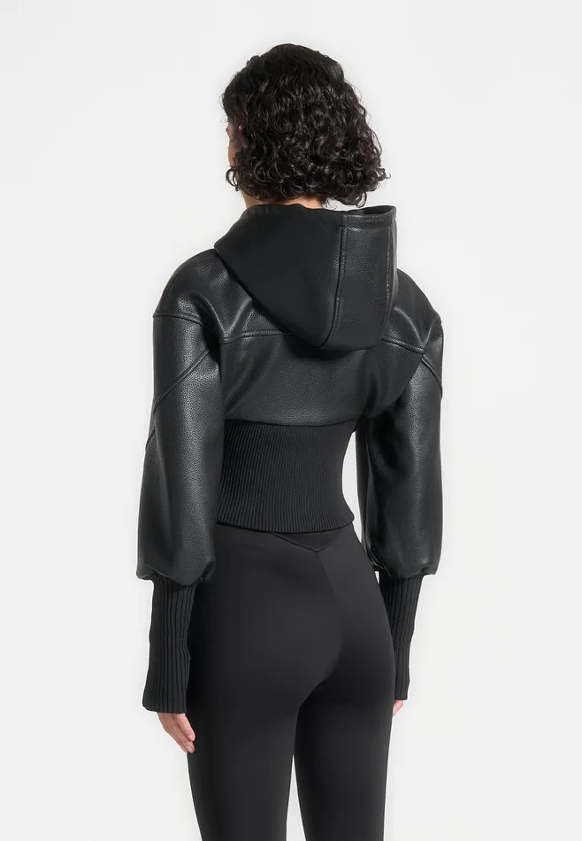 Women Manire De Voir Hooded Pebbled Leather Contour Jacket Black