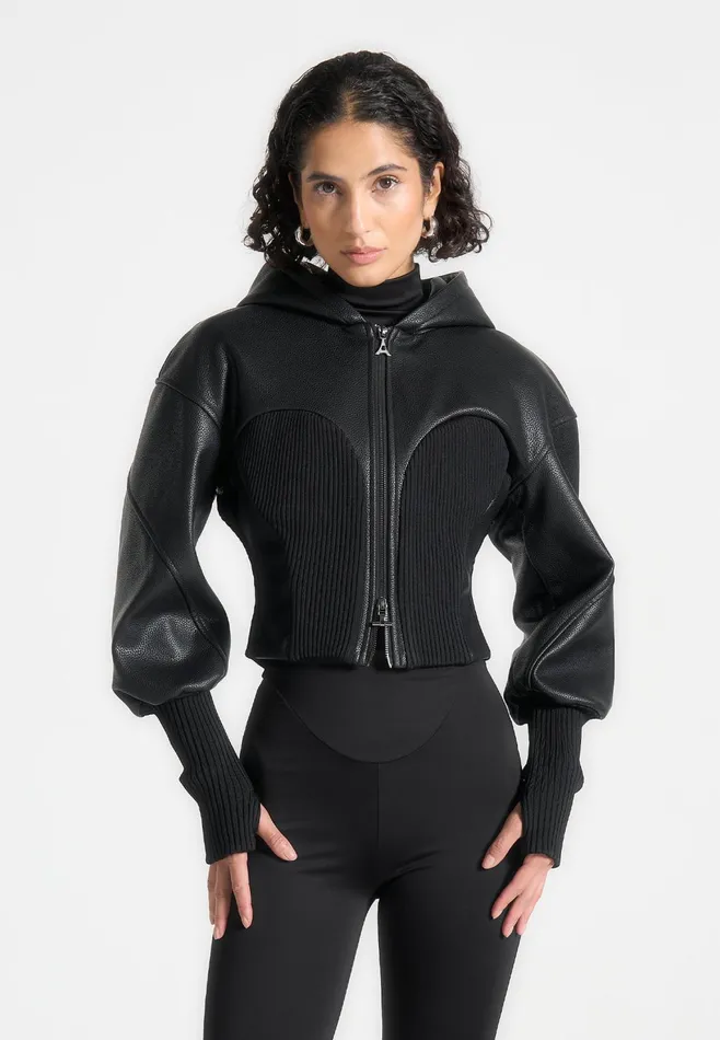 Women Manire De Voir Hooded Pebbled Leather Contour Jacket Black