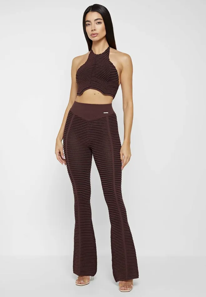 Women Manire De Voir Knitted Contour Flared Leggings Brownblack