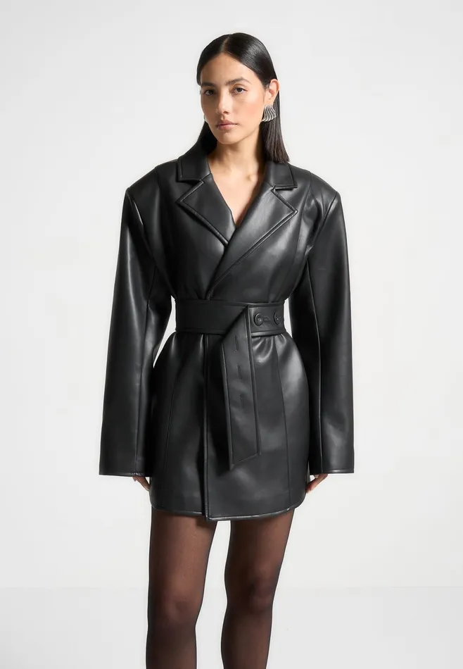 Women Manire De Voir Leather Oversized Belted Blazer Dress Black