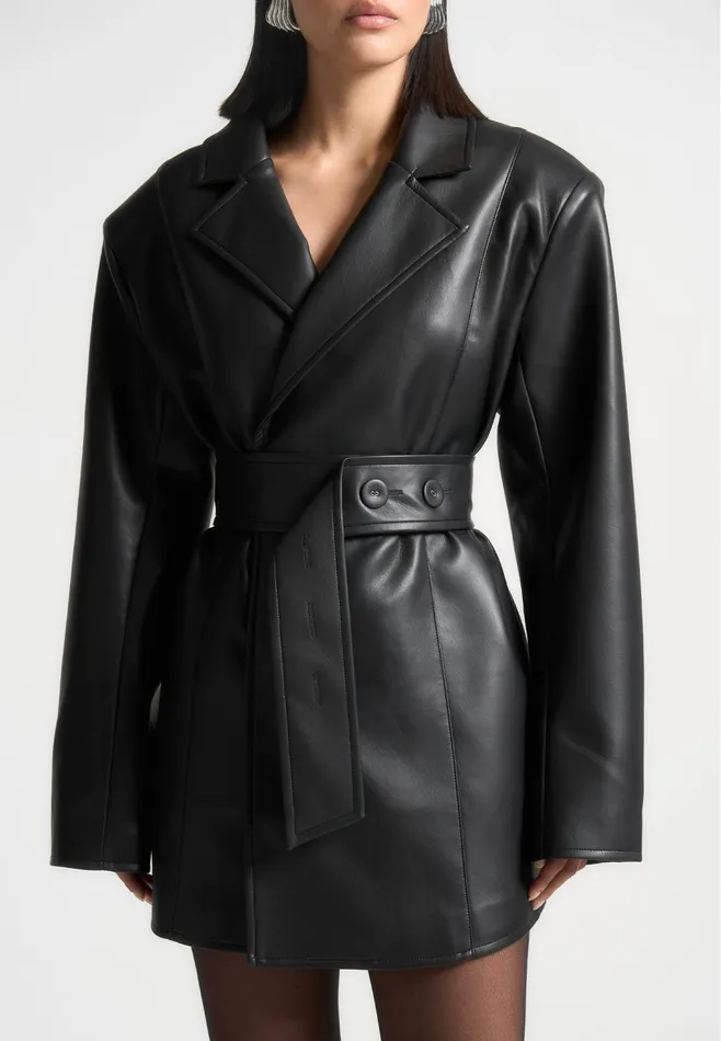 Women Manire De Voir Leather Oversized Belted Blazer Dress Black