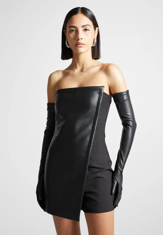 Women Manire De Voir Leather Tailored Playsuit With Gloves Black