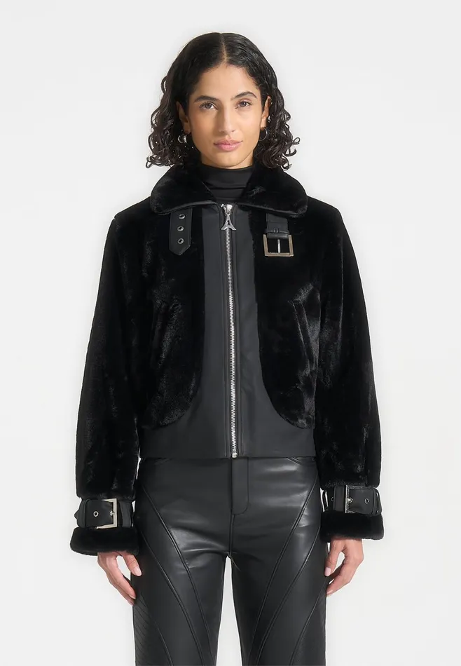Women Manire De Voir Plush Jacket With Lapel Black