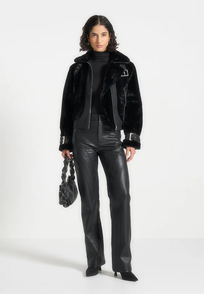 Women Manire De Voir Plush Jacket With Lapel Black