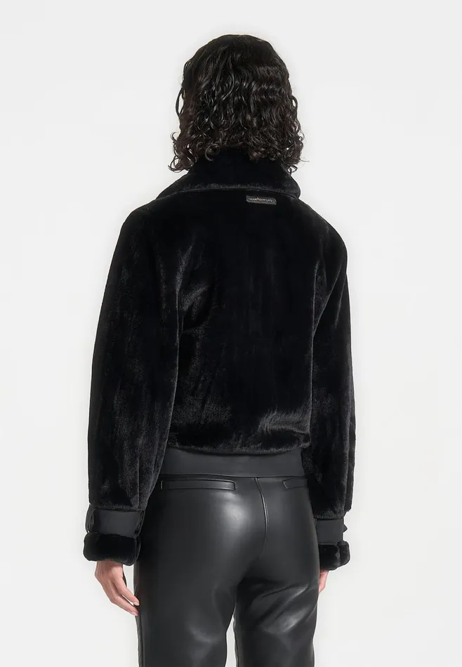 Women Manire De Voir Plush Jacket With Lapel Black