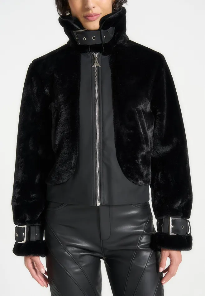 Women Manire De Voir Plush Jacket With Lapel Black