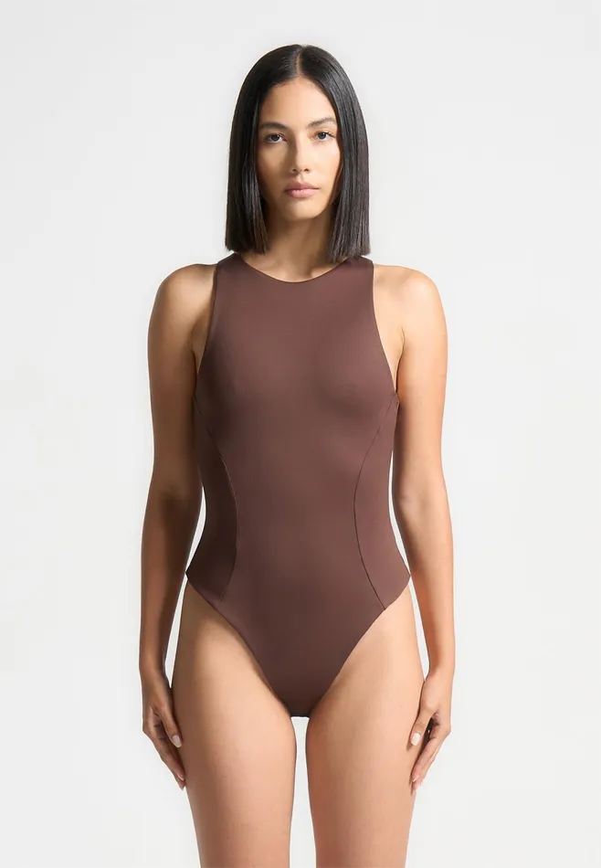 Women Manire De Voir ternelle Double Layer Racer Neck Bodysuit Brown
