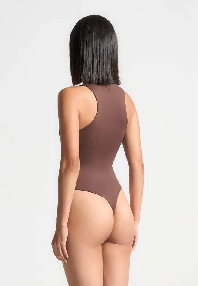 Women Manire De Voir ternelle Double Layer Racer Neck Bodysuit Brown