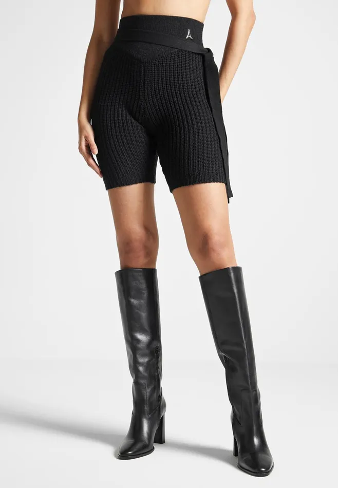 Women Manire De Voir TieUp Knitted Cycling Shorts Black