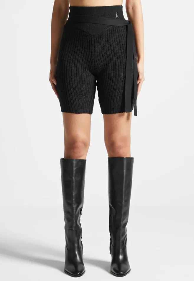 Women Manire De Voir TieUp Knitted Cycling Shorts Black
