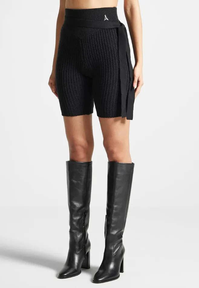 Women Manire De Voir TieUp Knitted Cycling Shorts Black