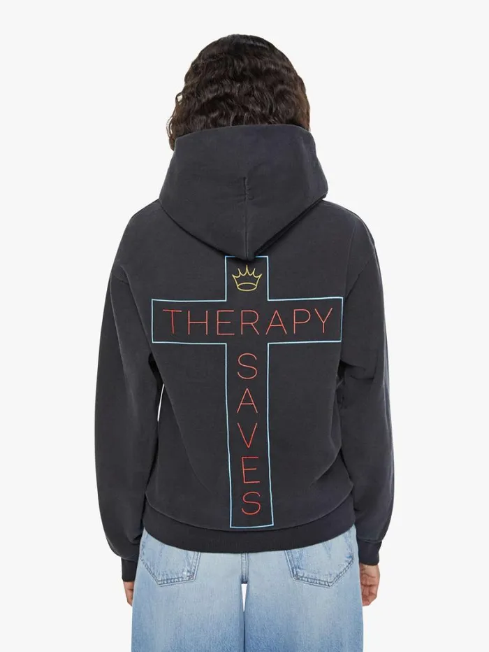 Women Mother Denim Therapy Pull Over Hoodie Black