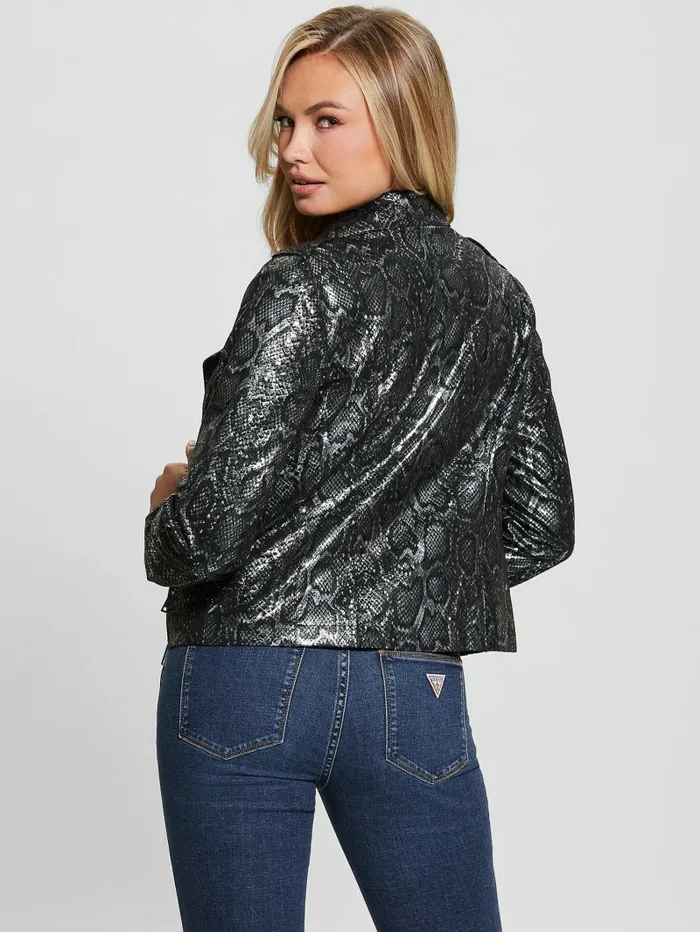 Women Nancy FauxSuede Biker Jacket Foil Snake Black Combo Jackets and Coats GUESS