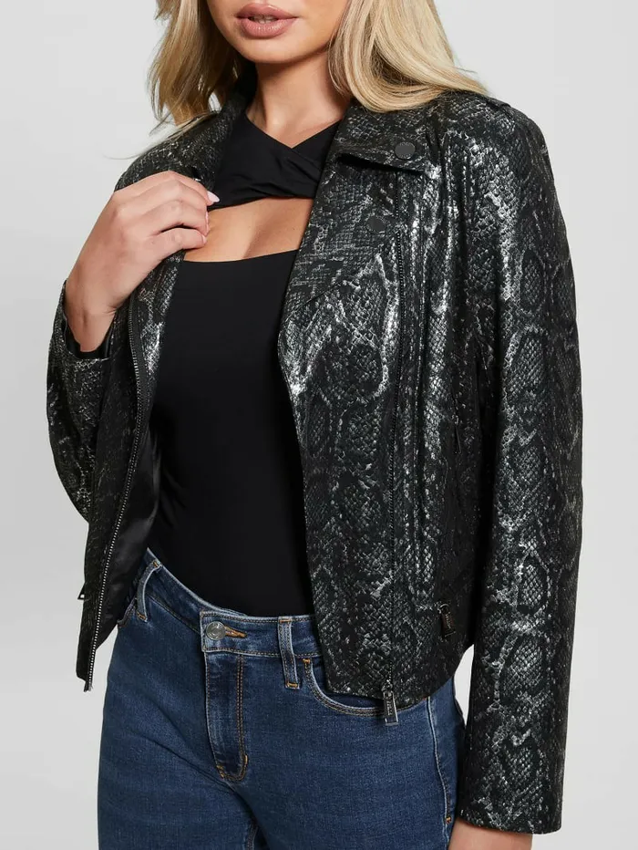 Women Nancy FauxSuede Biker Jacket Foil Snake Black Combo Jackets and Coats GUESS