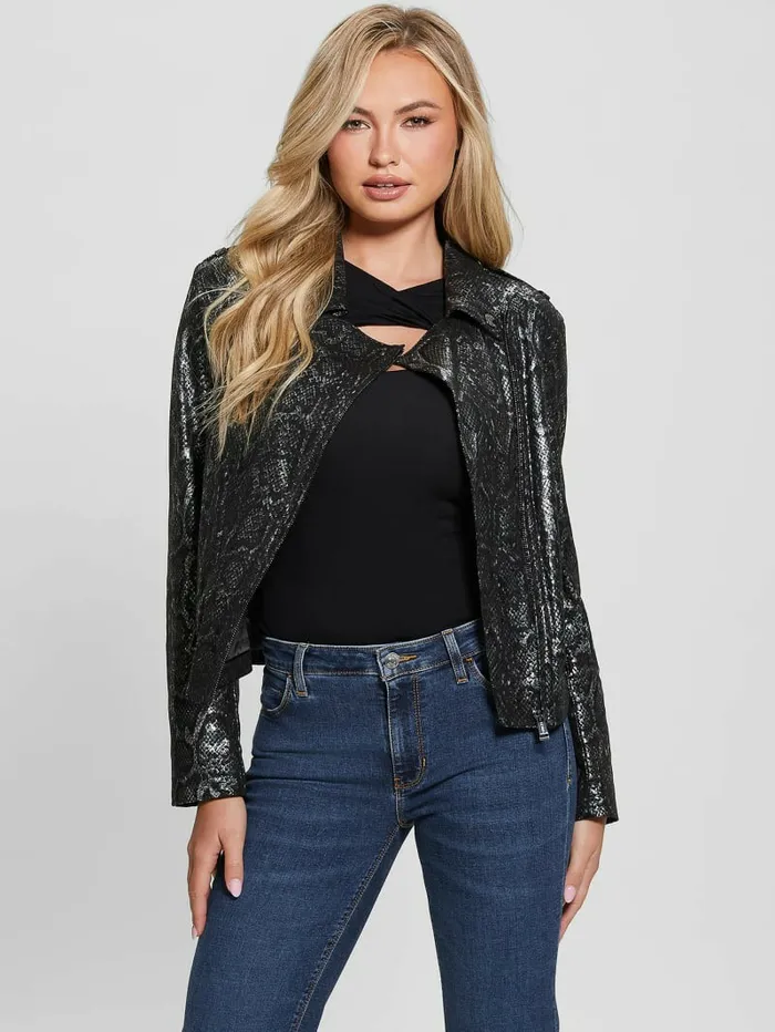 Women Nancy FauxSuede Biker Jacket Foil Snake Black Combo Jackets and Coats GUESS