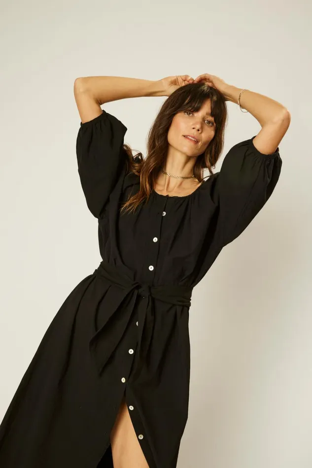 Women Natalie Martin Dresses Alex Midi With Sash Black Flat Cotton