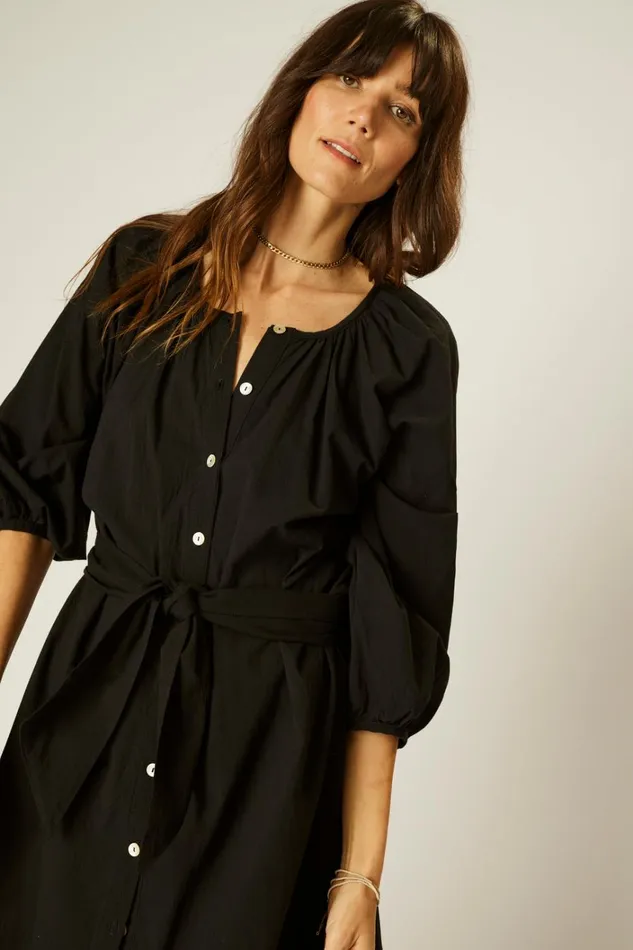 Women Natalie Martin Dresses Alex Midi With Sash Black Flat Cotton