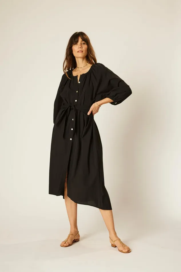 Women Natalie Martin Dresses Alex Midi With Sash Black Flat Cotton
