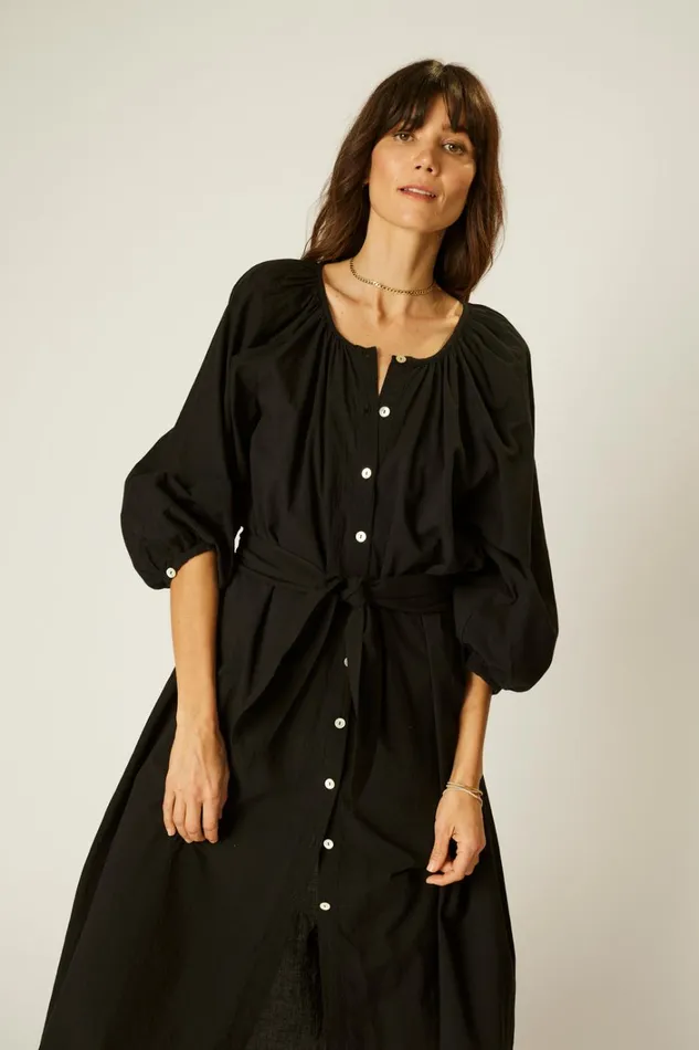 Women Natalie Martin Dresses Alex Midi With Sash Black Flat Cotton