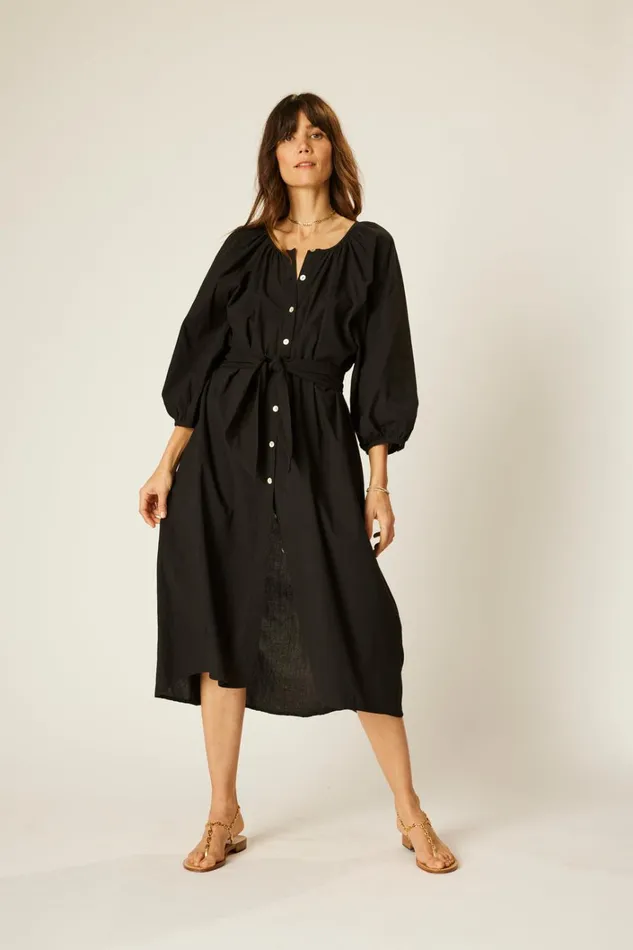 Women Natalie Martin Dresses Alex Midi With Sash Black Flat Cotton