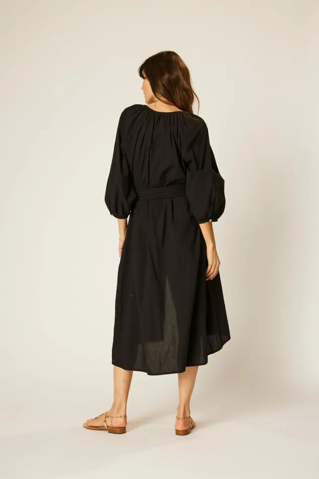 Women Natalie Martin Dresses Alex Midi With Sash Black Flat Cotton