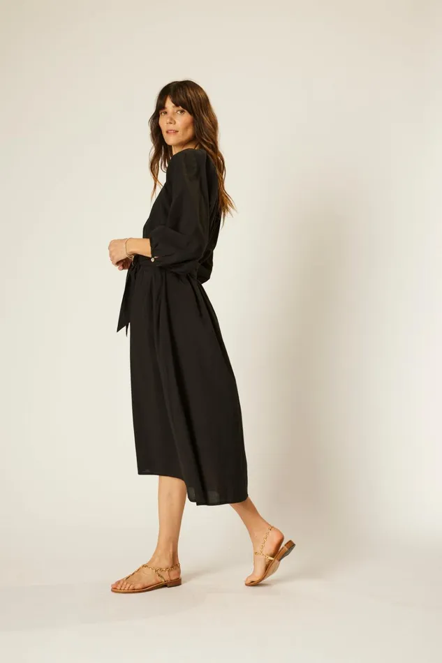 Women Natalie Martin Dresses Alex Midi With Sash Black Flat Cotton