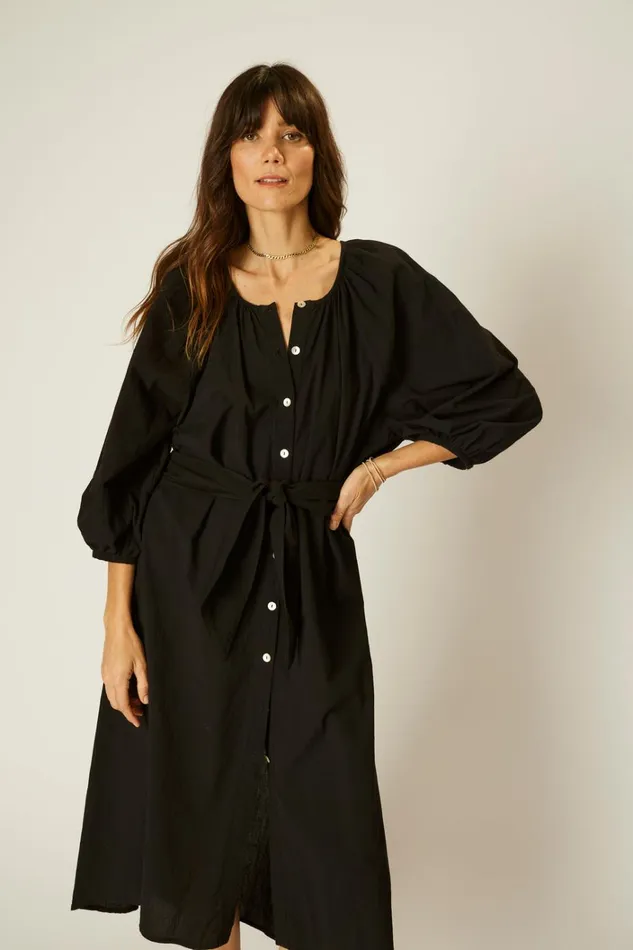 Women Natalie Martin Dresses Alex Midi With Sash Black Flat Cotton