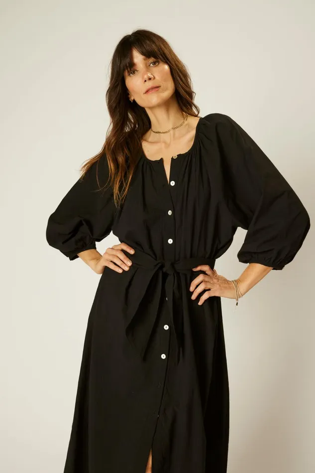 Women Natalie Martin Dresses Alex Midi With Sash Black Flat Cotton