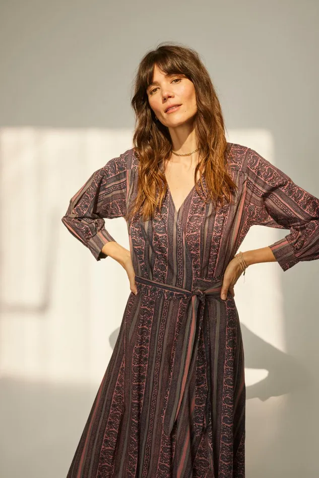 Women Natalie Martin Dresses Kate Long Sleeve Maxi Paisley Stripe Heather