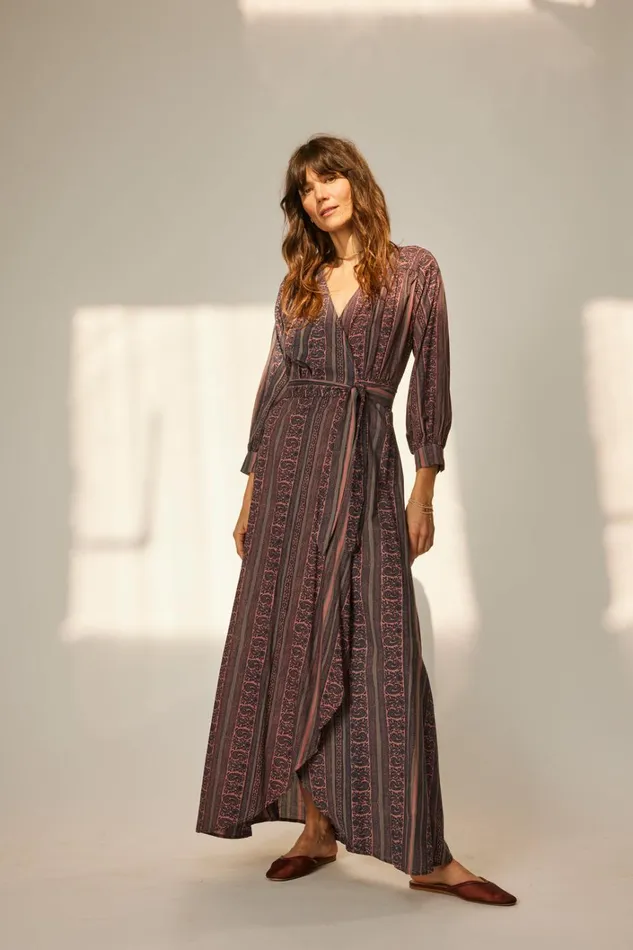 Women Natalie Martin Dresses Kate Long Sleeve Maxi Paisley Stripe Heather