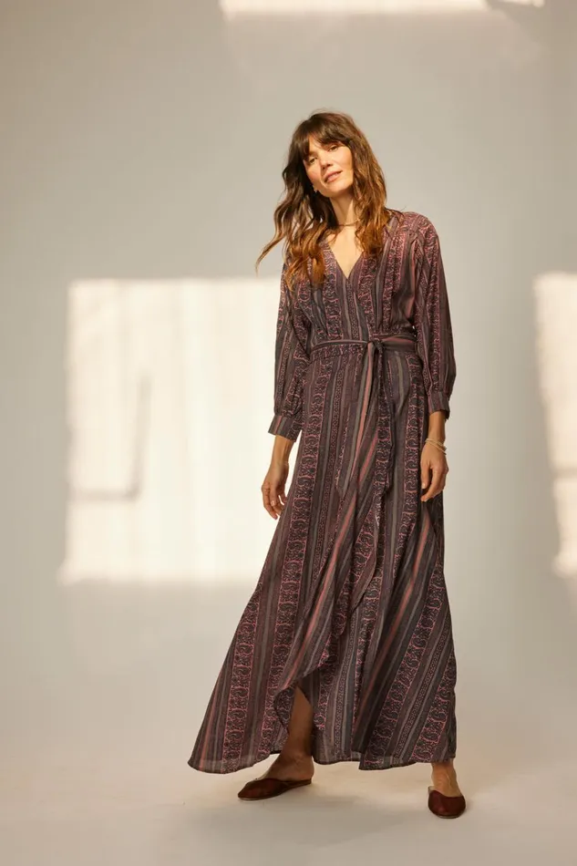 Women Natalie Martin Dresses Kate Long Sleeve Maxi Paisley Stripe Heather