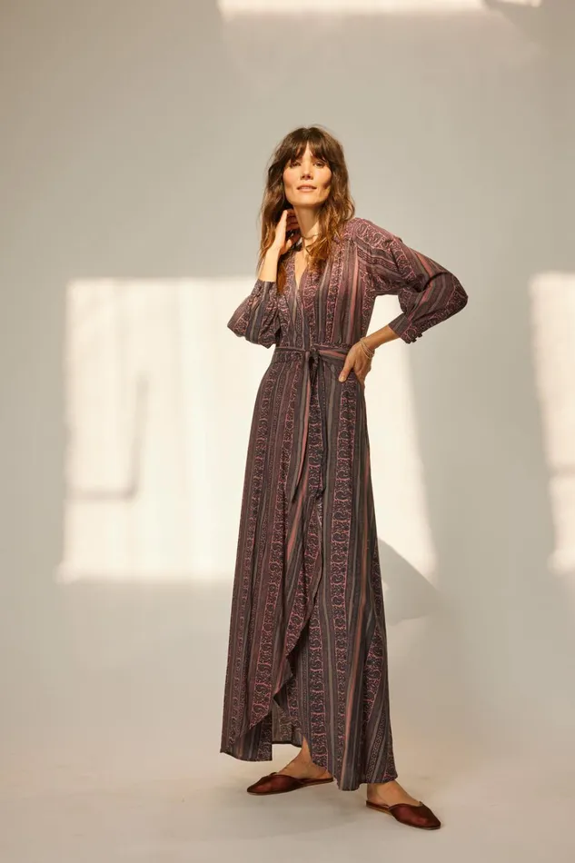 Women Natalie Martin Dresses Kate Long Sleeve Maxi Paisley Stripe Heather