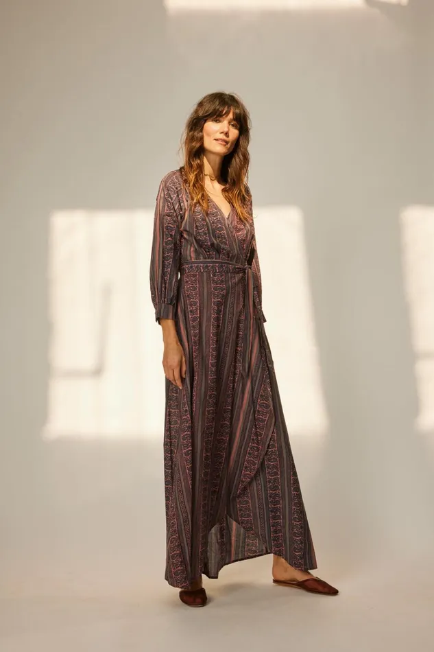 Women Natalie Martin Dresses Kate Long Sleeve Maxi Paisley Stripe Heather