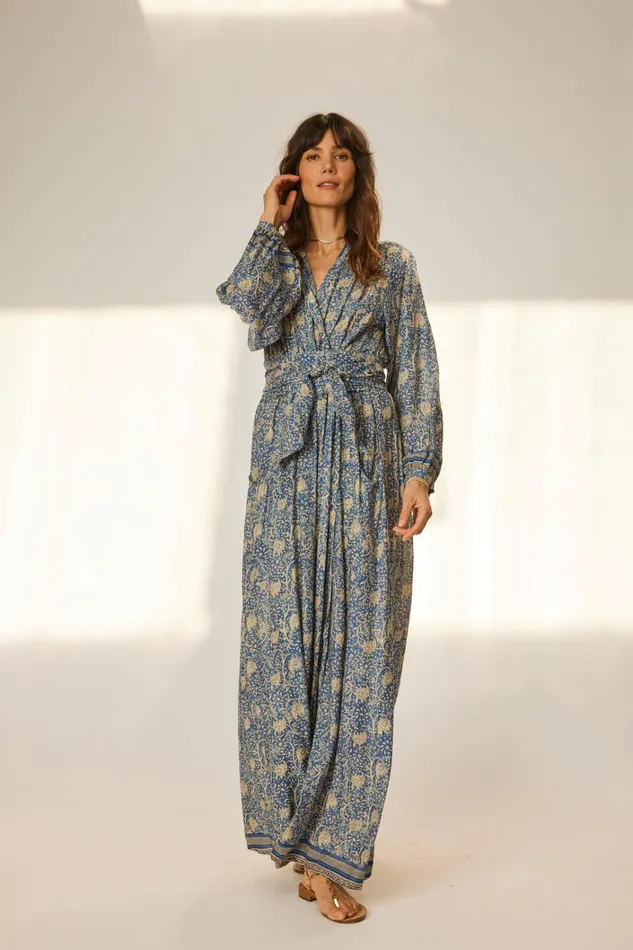 Women Natalie Martin Dresses Nico LS Maxi With Sash Water Lily Blue