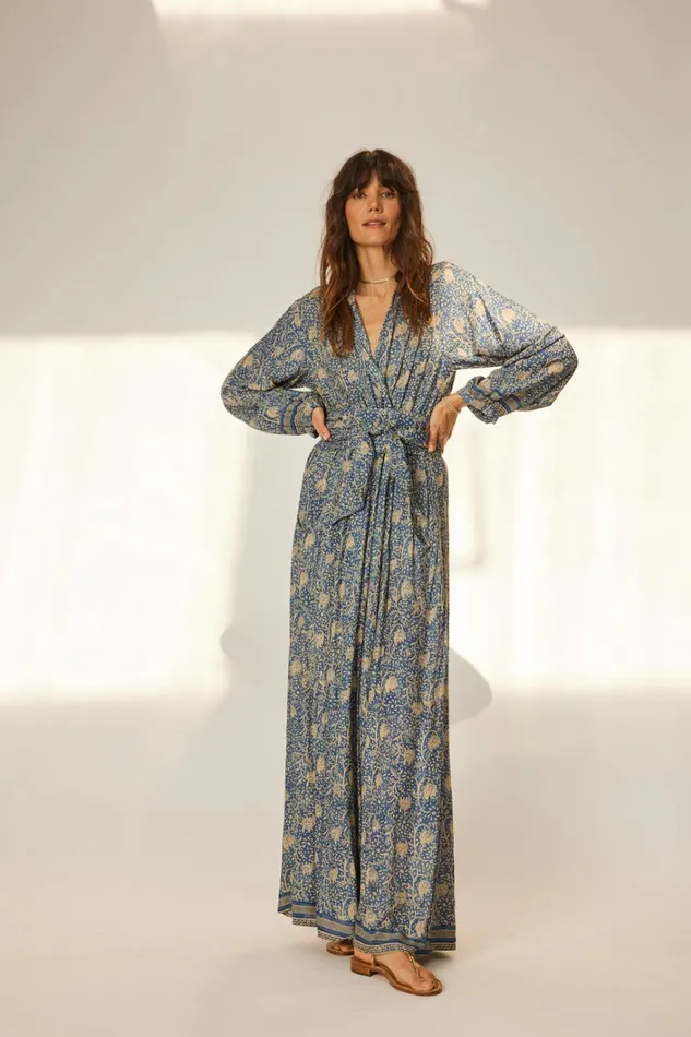 Women Natalie Martin Dresses Nico LS Maxi With Sash Water Lily Blue