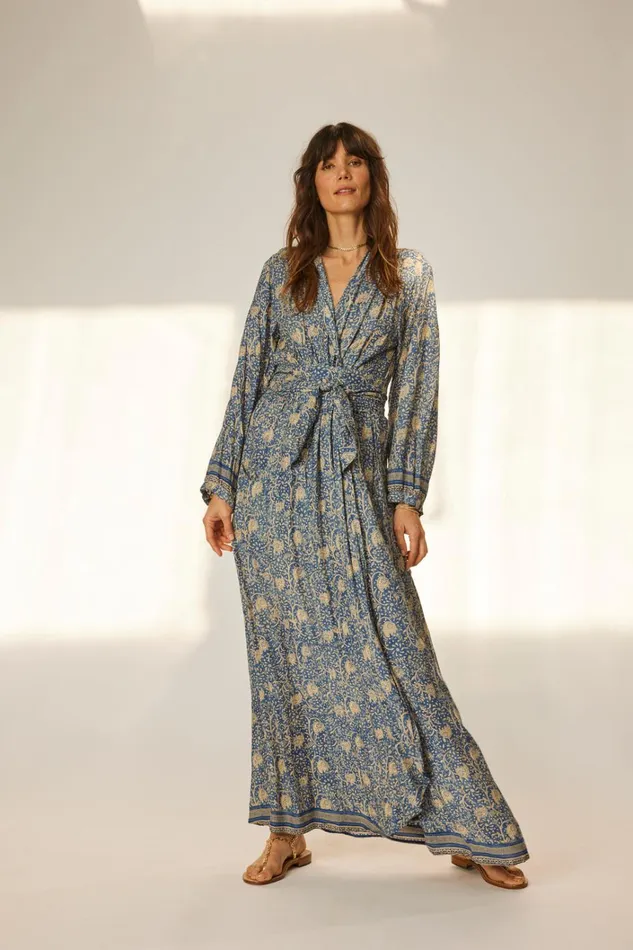 Women Natalie Martin Dresses Nico LS Maxi With Sash Water Lily Blue