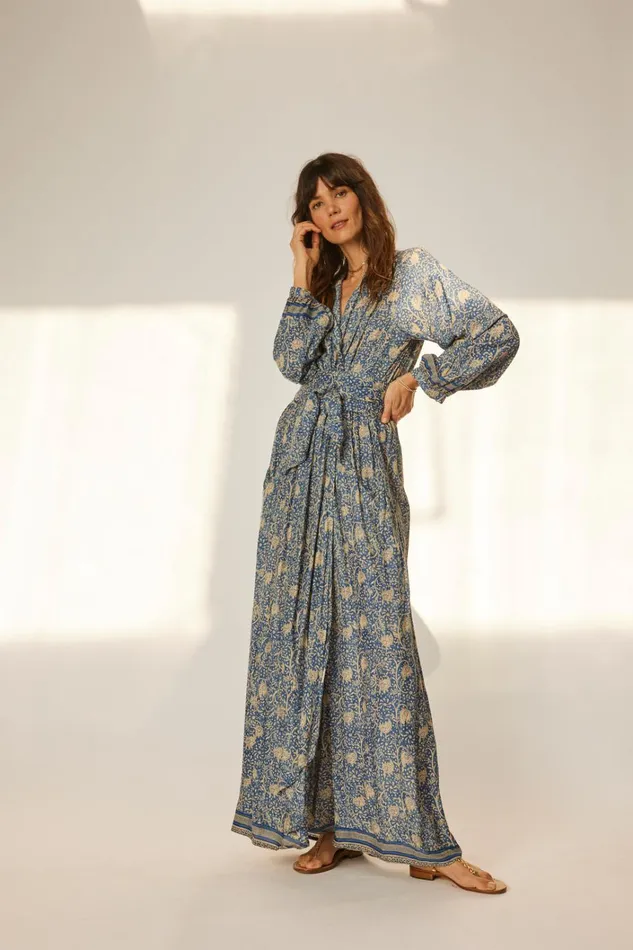 Women Natalie Martin Dresses Nico LS Maxi With Sash Water Lily Blue