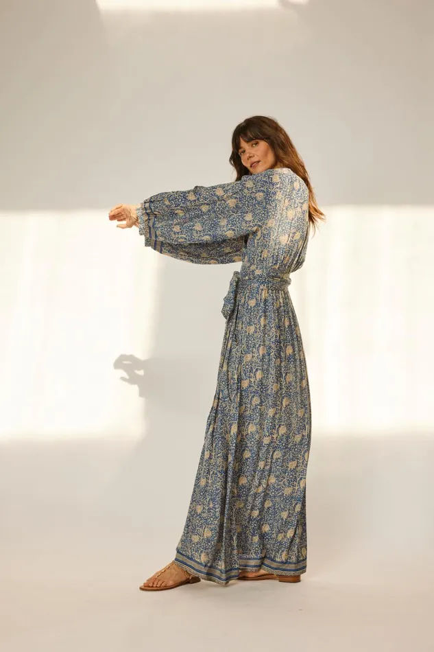 Women Natalie Martin Dresses Nico LS Maxi With Sash Water Lily Blue