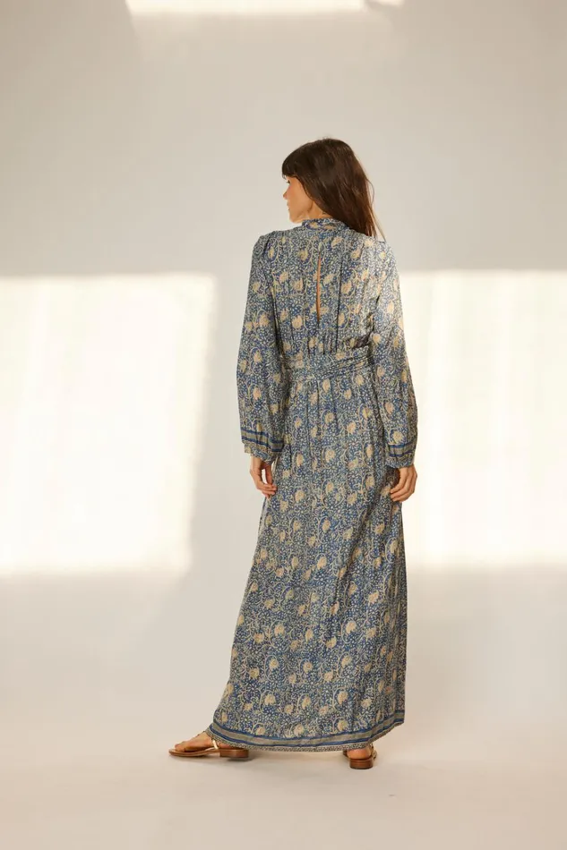 Women Natalie Martin Dresses Nico LS Maxi With Sash Water Lily Blue