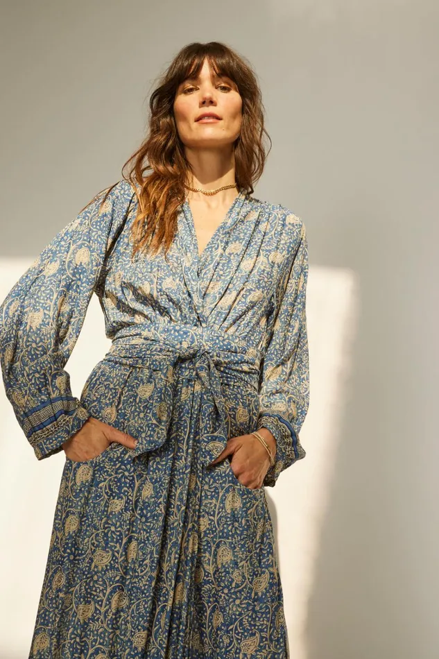 Women Natalie Martin Dresses Nico LS Maxi With Sash Water Lily Blue