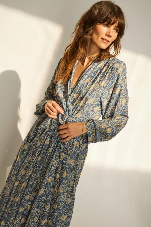Women Natalie Martin Dresses Nico LS Maxi With Sash Water Lily Blue